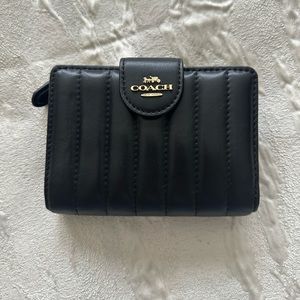 Coach Medium Corner Zip Wallet with Linear Quilting in Black Leather